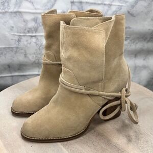 Aldo Contessina Suede Ankle Boots Block Heel Wrap Tie Neutral Womens Size 9